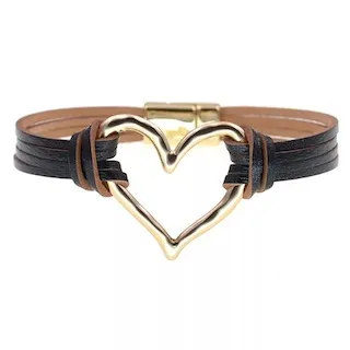 bracelet en cuir noire avec coeur pour femme