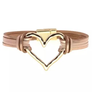 bracelet pour femme compose de liens en cuir rose et coeur