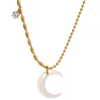 collier en acier inoxydable avec pendentif en forme de lune nacre