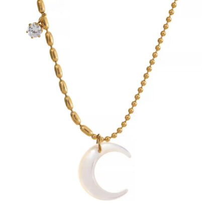 collier en acier inoxydable avec pendentif en forme de lune nacre