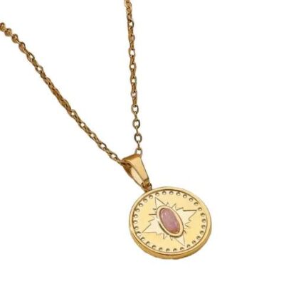 collier medaille pierre rose