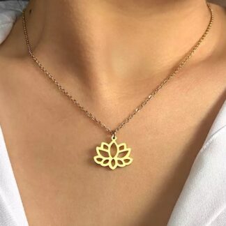 collier pour femme en acier inoxydable avec pendentif fleur de lotus