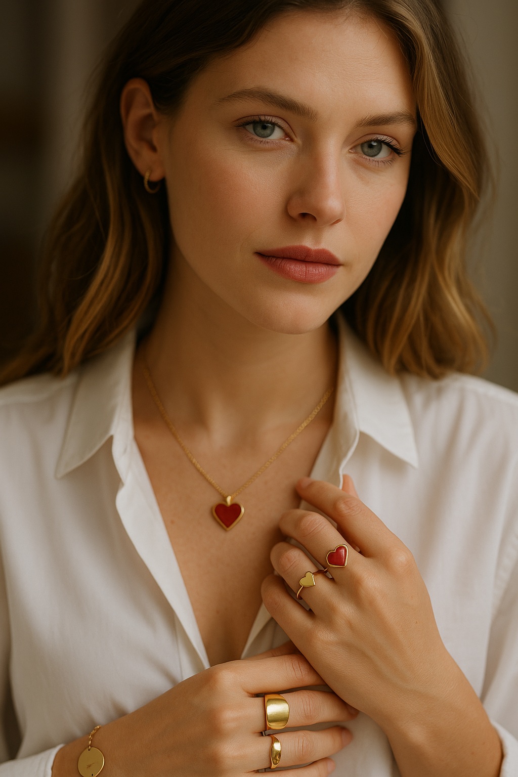 femme avec colliers, bracelets et coeurs