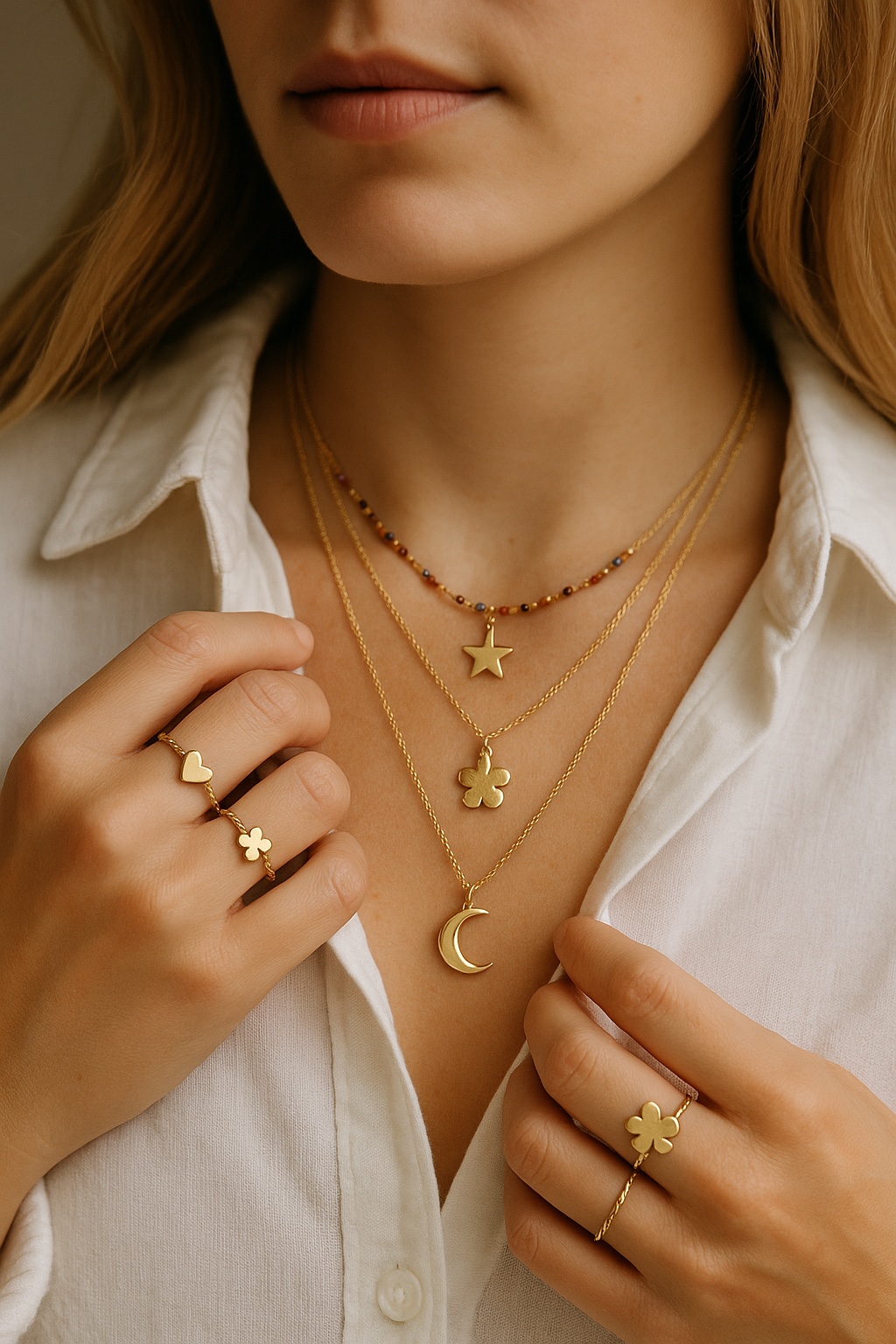 femme avec colliers bracelets et bagues symboliques