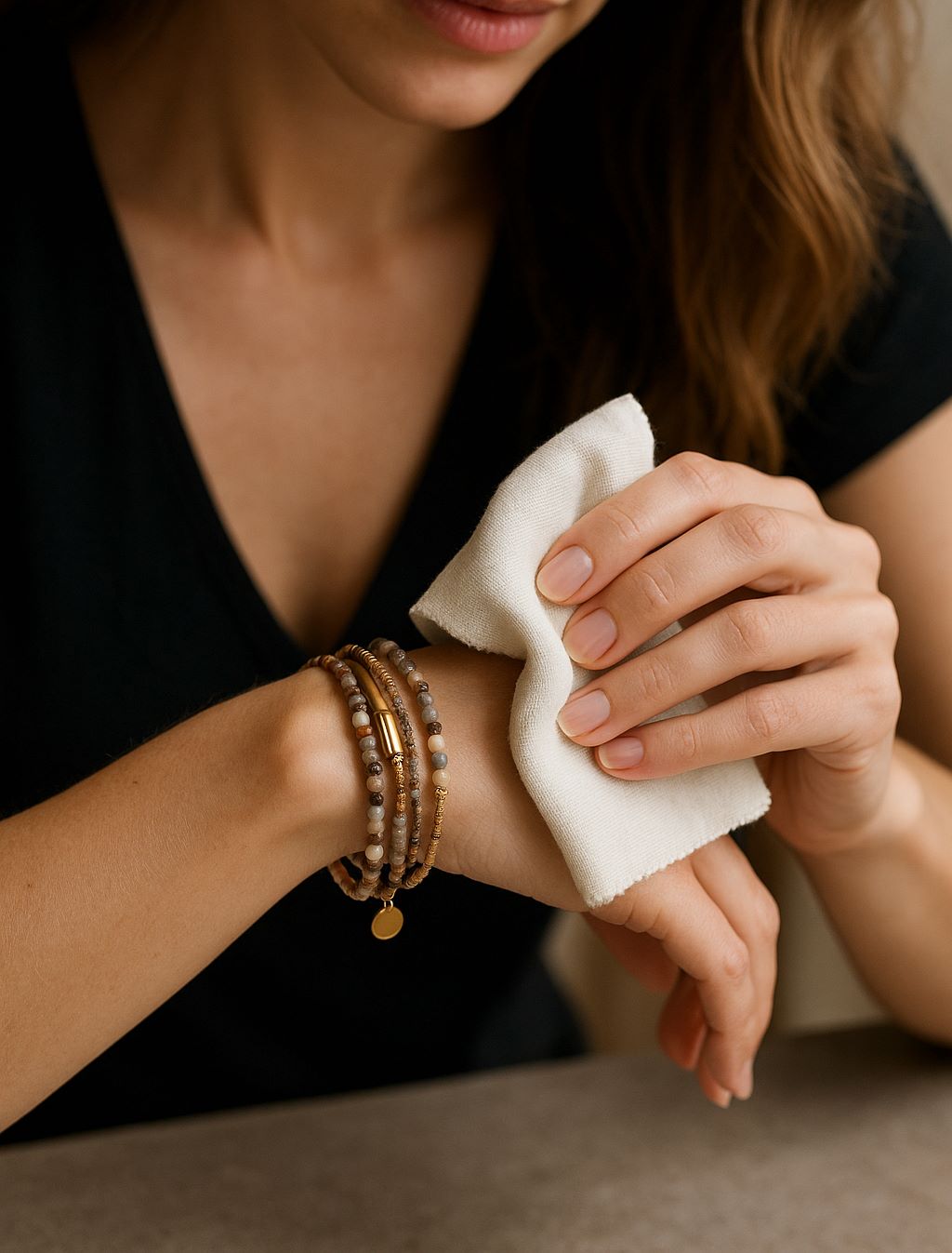 Femme nettoyant délicatement son bracelet multirangs avec un chiffon doux