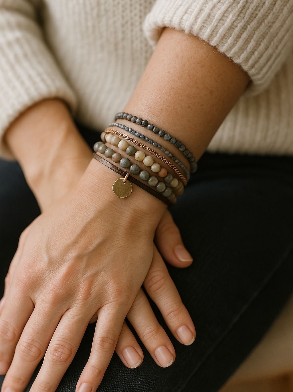 Poignet féminin avec un bracelet multirangs composé de perles, cuir et chaîne élégante