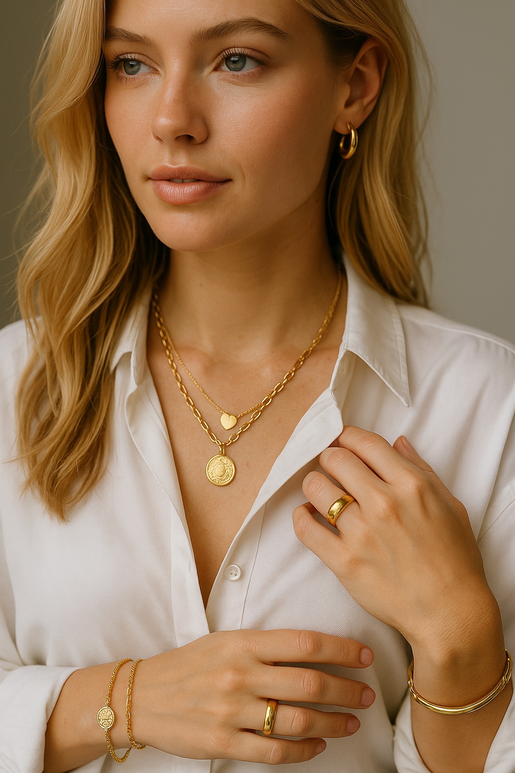 femme avec colliers, bracelets et bagues noel 2025