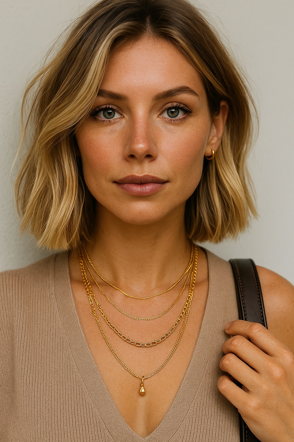 femme avec collier multirangs dore