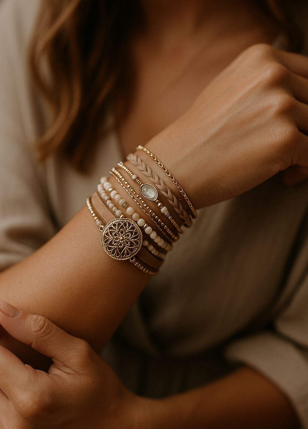 Femme portant un bracelet multirangs doré et beige avec plusieurs textures élégantes