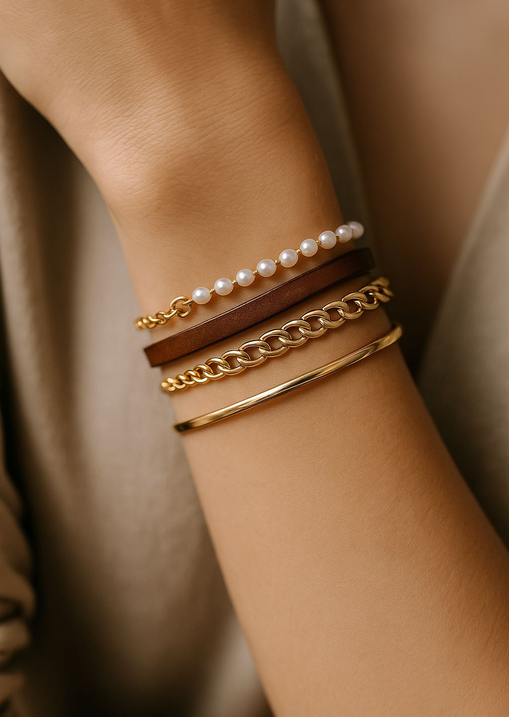 Poignet féminin portant à la fois un bracelet multirangs et un bracelet simple