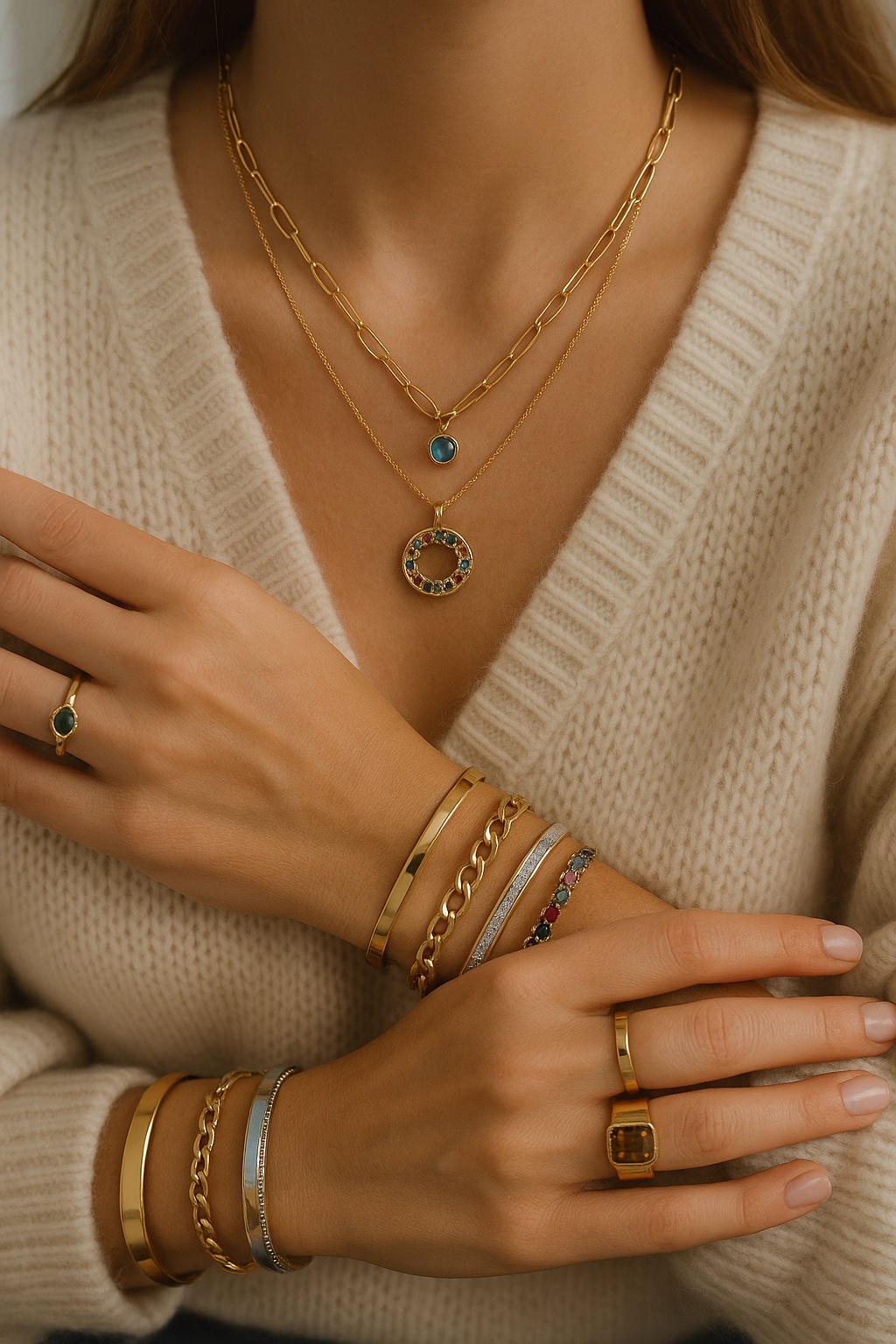 femme avec colliers, bracelets et bagues tendance hiver